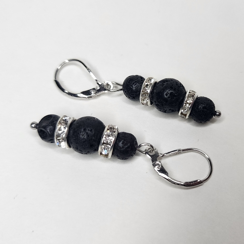 Natural Lava Rock beaded earrings  leverback rhinestone Design by FreeSpirit